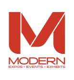 A stylized red M with the words Modern Expos + Events + Exhibits