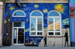 Picture of the "Art Academy of Milton" building. It has a mural on it that looks like Van Gogh's Stary Night painting.