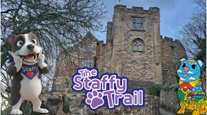 Infographic promoting the Staffy Trail in Tamworth shows Tamworth castle in the background with Staffy Trail logo, Staffy amazed and a decorated Staffy sculpture