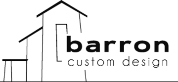 Black and white logo that says "barron custom design" in a sans serif font. Outlines of homes are on the left.