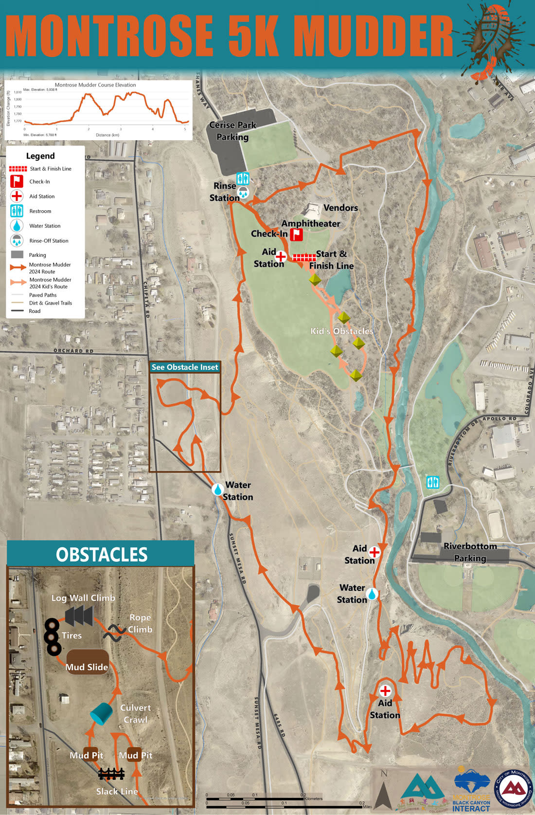 Montrose Mudder 5K Mudder course map showing route through Baldridge Park and location of obstacles
