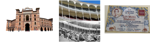 Photos of the bullfighting arena Las Ventas in Madrid including wall tiles about Luis Miguel Dominguin