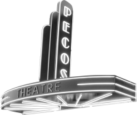 Neon sign for "Pecos Theatre," with vertical and horizontal bright lights..