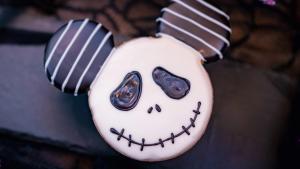 Image of Mickey-shaped cookie with Jack Skellington decorated on top.