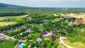 Arial View of Hidden Valley Camping Resort. Rolling mountains in the background and the campgrounds in the foreground.
