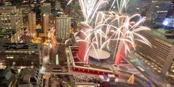 Fireworks in Toronto over City Hall during the Cavalcade of Lights