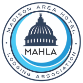 A logo with the top of the Wisconsin Capitol Building in the middle of a circle with blue outlines. Around the circle reads: Madison Area Hotel & Lodging Association