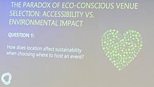 Green dotty heart on the right on a dark blue background. Words say The paradox of eco-conscious venue selection: accessaibility vs environmental impact