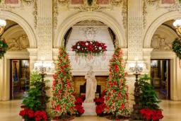 Decorated Christmas trees inside a Rhode Island mansion