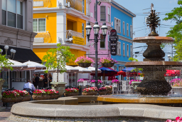 Patio seating surrounds the fountain at DePasquale Square in the Federal Hill neighborhood of Providence