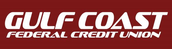Maroon rectangle with white text inside reading "Gulf Coast Federal Credit Union."