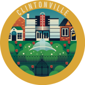 Clintonville neighborhood badge featuring the Park of Roses and Clintonville Theater