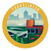 Circular Franklinton icon featuring COSI and Land Grant Brewing Company