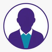 Gender-neutral professional icon in DistiNCtly Fayetteville’s brand colors, featuring a purple silhouette in a suit jacket with a teal shirt on a light background, symbolizing inclusivity and professionalism.