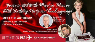 Book signing event poster for Marilyn 100 at Destination PSP in Palm Springs