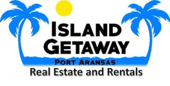 Black text reads "Island Getaway Port Aransas Real Estate and Rentals." The text is surrounded by two blue palm trees and a yellow sun on the top.
