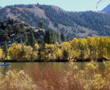 gull lake with a boat, fall colors, and the mountains