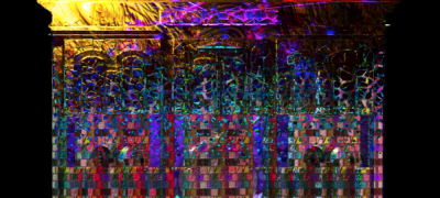 A Journey Through Time lighted art installation on a building