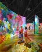 Family observes a very colorful digital art display at the Museum of Art + Light.