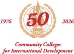 Community Colleges for International Development 50th anniversary logo featuring a golden globe with a flame, the number 50 in red, and the years 1976 and 2026 on either side.