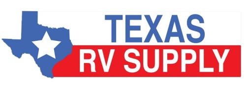 Red, white, and blue logo with the shape of Texas in blue and a large star cut out of the middle. To the right is a white bar and a red bar, one with "Texas" and the lower one with "RV Supply"
