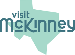 Logo of Visit McKinney with state of Texas behind it.