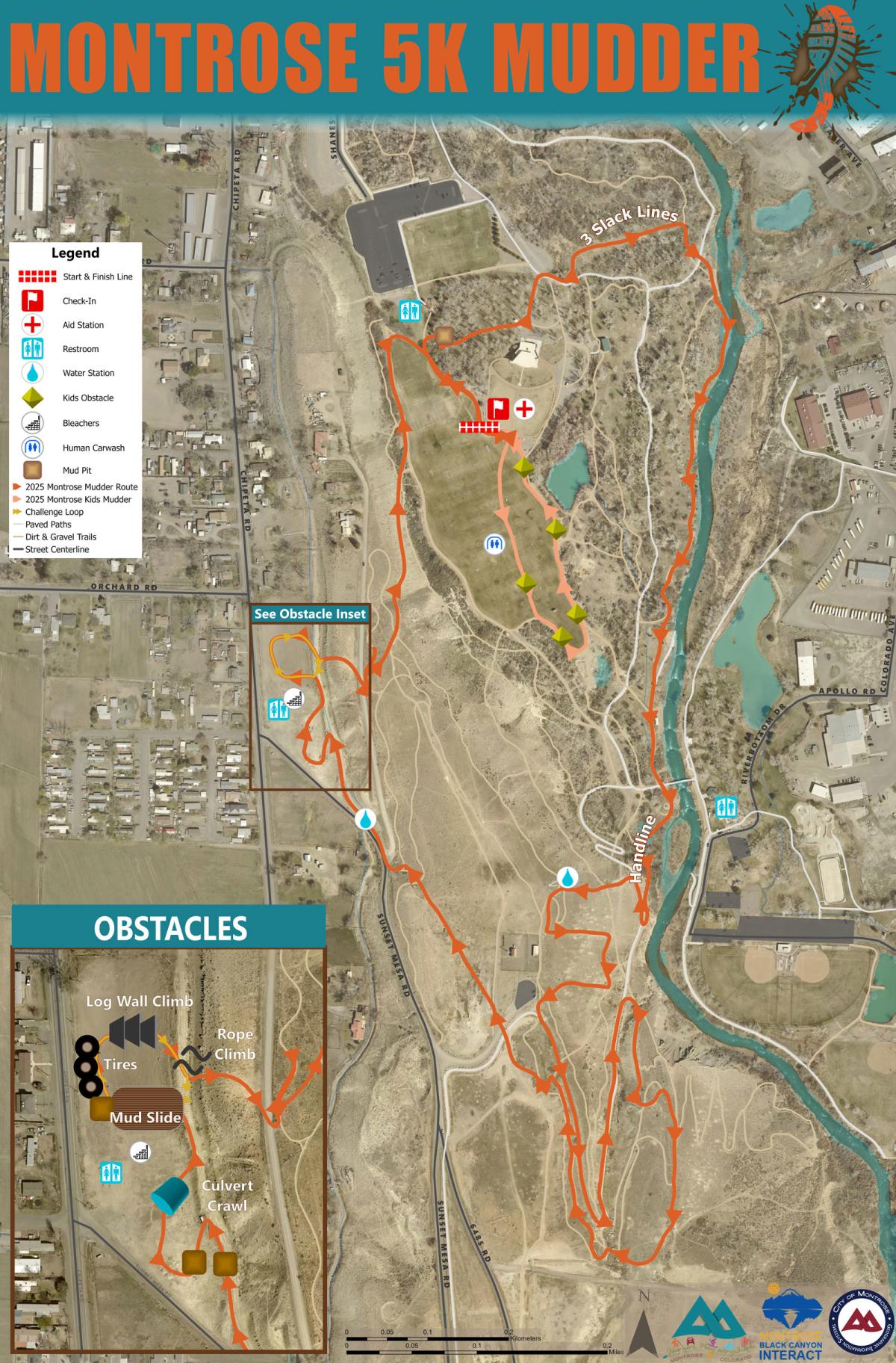 Montrose Mudder 5K Mudder course map showing route through Baldridge Park and location of obstacles