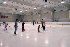 A group of people skate around orange cones.