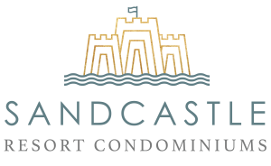 Line drawing of a sandcastle and some water in gold and teal. Under the drawing is a sans-serif font reading "Sandcastle" then under that a serif font reading "Resort Condominiums"