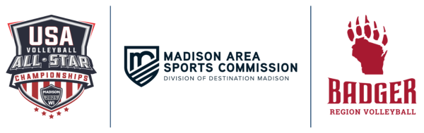 USA Volleyball All Star Championships logo, Madison Area Sports Commission logo, Badger Regional Volleyball logo