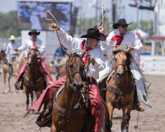 Men riding horses ready to lasso livestock at Cheyenne Frontier Days