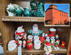 Picture of items on sheves that are for sale at the Rollermills Antique Mall in Lewisburg, PA