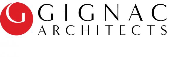 Thin sans serif font reads "Gignac Architects" next to a round red dot with a stylized G inside it.