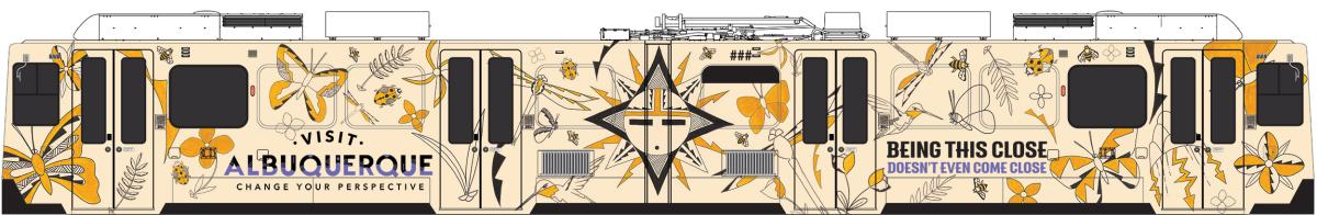 An image of a Denver light rail train wrapped in a contemporary Native American art image
