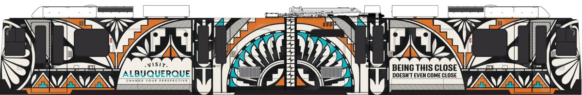 An image of a Denver light rail train wrapped in an image of Native American pottery promoting Visit Albuquerque