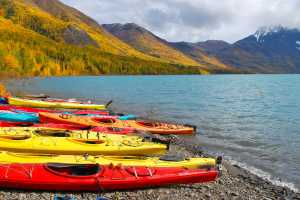 Kayaks on the shore of Eklutna Lake outside Anchorage