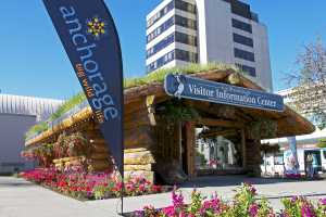 The Visitor Information Center in downtown Anchorage, Alaska is a log cabin with a sod roof.