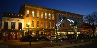 Downtown Jeffersonville with Christmas lights during Winter