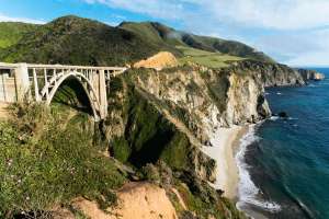 This is an image of the Bixby Bridge along the dramatic coast and rocky cliffs of Highway 1 in Big Sur, California