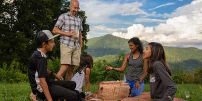 A family enjoys a picnic on the Blue Ridge Parkway near Asheville, NC