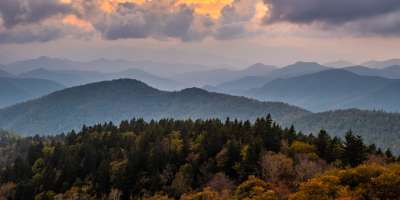 Sunset at Cowee Mountains overlook with early fall color (2018)
