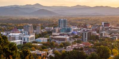 The Asheville, NC skyline at sunset