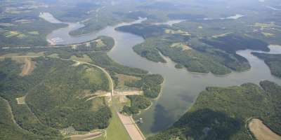 Aerial view with water and green landscape of Taylorsville Lake