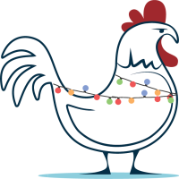 Buy Local Chicken with Holiday lights wrapped around him