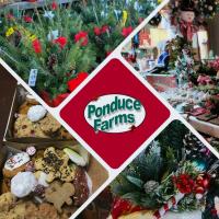 Picture of the Ponduce Farms Logo surrounded by holiday items you can get at their shop.