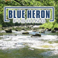 Picture of the Blue Heron Fishing Logo Over a picture of a creek with flowing water ion the foreground and green trees in the background