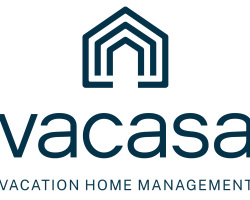 Black and white logo reading "vacasa, vacation home management." The logo drawing is an outline of a home