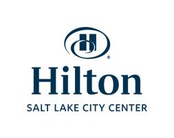 Hilton logo that is an H inside a curly circle with the words Hilton Salt Lake City Center underneath