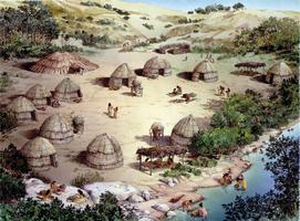 Illustrated village scene of tule huts alongside the Uvas Creek