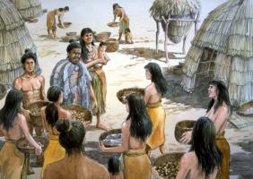 Chitactac-Adams Heritage County Park historical illustration of tribe members with baskets of offerings to the Chief